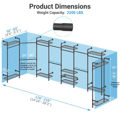 Timate U4 U Shape Garment Rack Heavy Duty Clothes Rack for Hanging Clothes, Expandable Industrial Pipe Clothing Rack Wall Mounted Closet Extra Large Closet Rack Walk in Closet System, Closet Kit Black