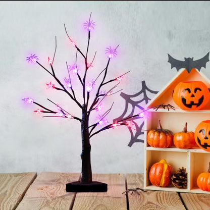 HipTree Halloween & Seasonal Decor Combo: 28 Inch Lighted Skeleton Wreath with Autumn Leaves + 2-Pack 2ft Lighted Black Birch Trees, LED Fairy Lights for Indoor/Front Door/Tabletop Holiday Ambiance