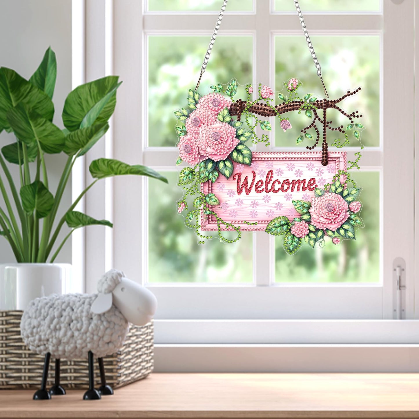 Roses Flower Diamond Art Hanging Ornaments Kits for Adults, Spring Diamond Painting Pendant Kits, DIY Acrylic 5D Special Shaped Crystal Gem Art Painting Ornament for Home Wall Decor Gift 8x8 Inch