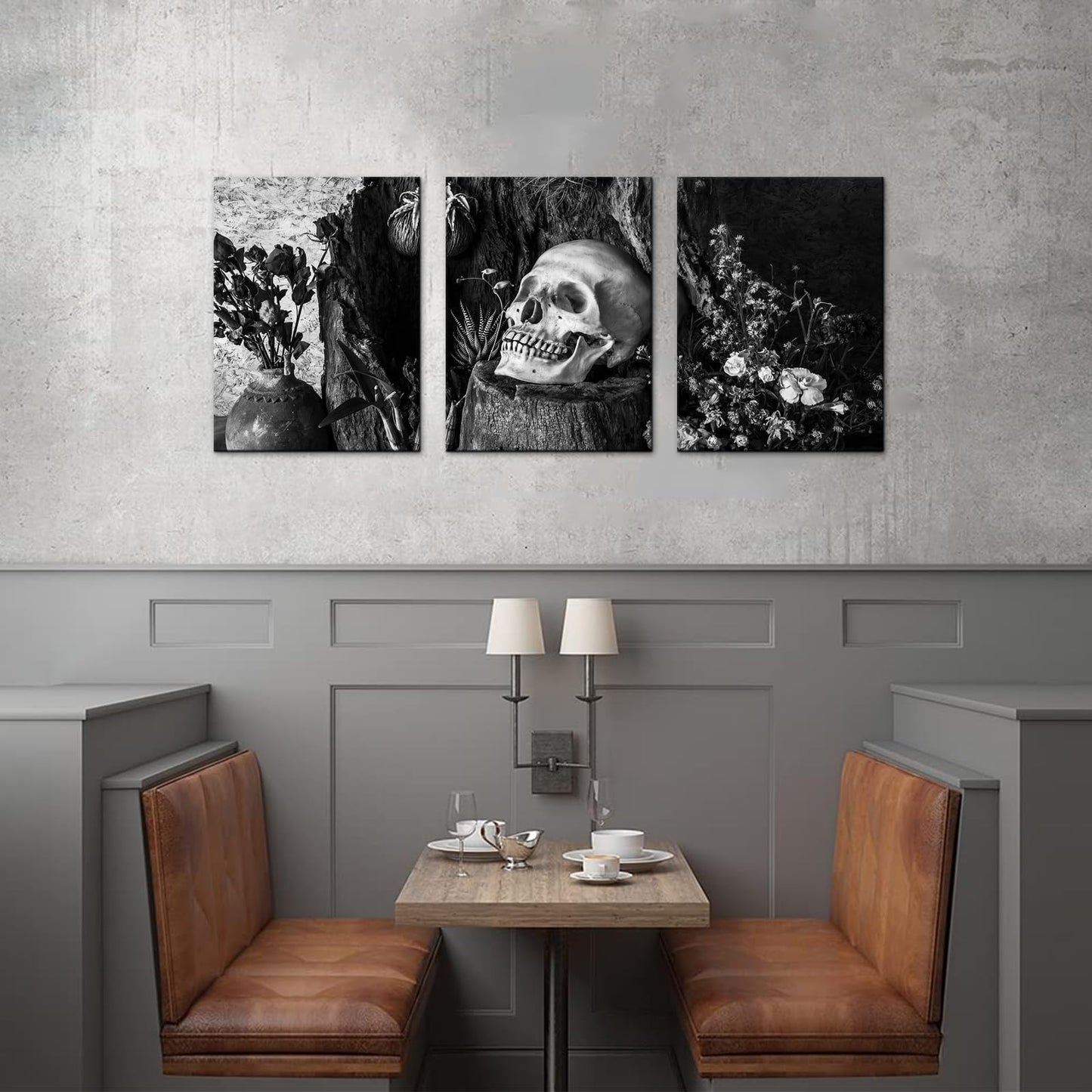 NutArtPic Skull Painting Day of the Dead Wall Art Black White Skull Flower Wall Picture Gothic Skeleton Canvas Gallery Wrapped (Black White, Small)