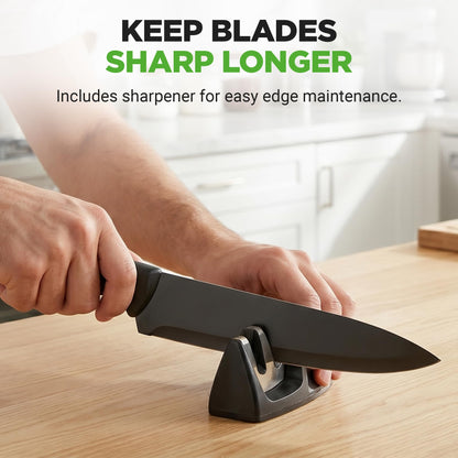 NutriChef 17-Piece Kitchen Knife Block Set - Stainless Steel Precision Crafted Knives w/Acrylic Block Stand - Includes 6 Steak & 7 Multi-Use Knives, Sharpener, Scissors, & Vegetable Peeler (Black)