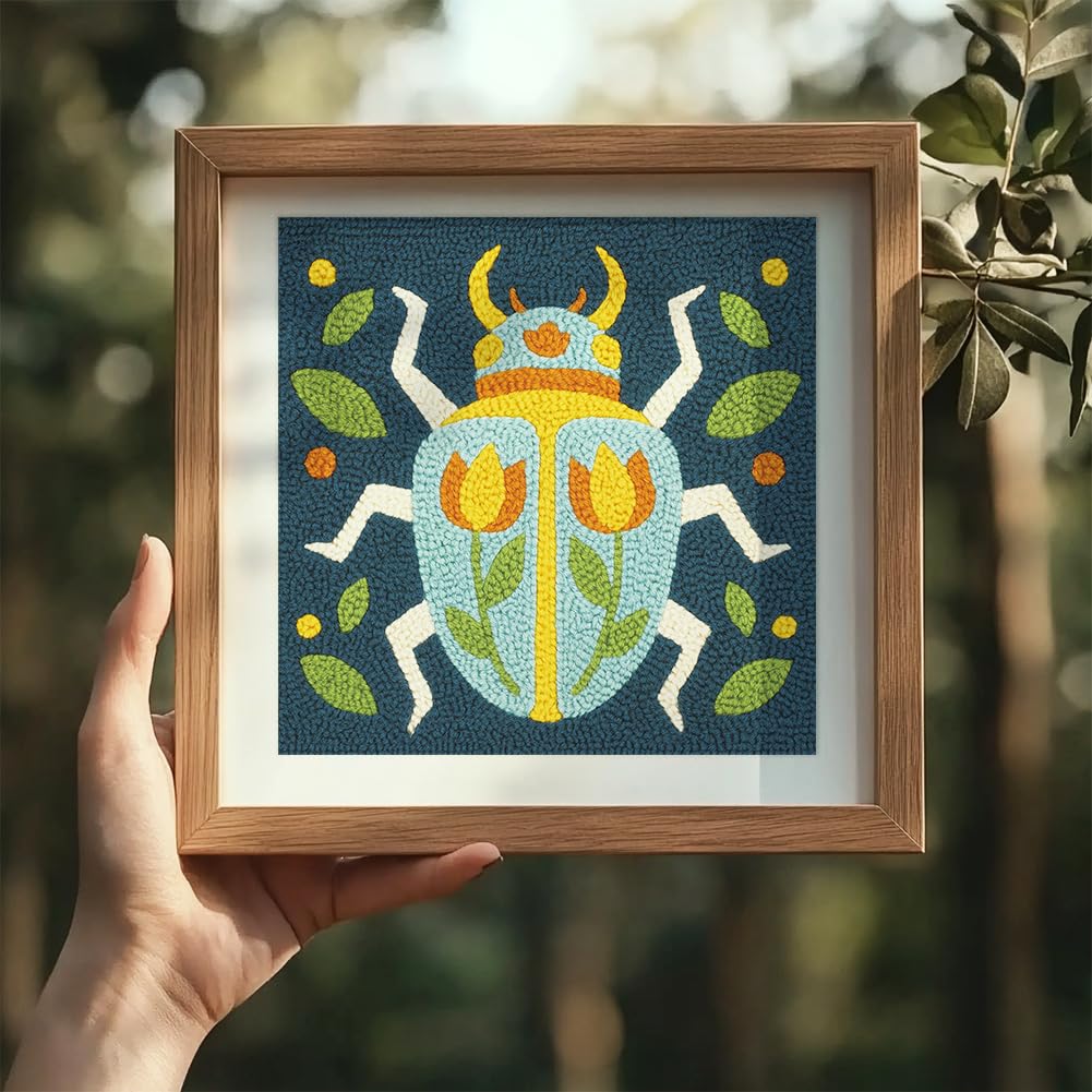 Doodlream Beetle DIY Punch Needle Embroidery Kit for Adult Beginner, 9.4" Scarab Flower Animal Punch Stitching Craft Set for Starter with Frame, Fabric Pattern, Threader, Yarn, Pinch Needle