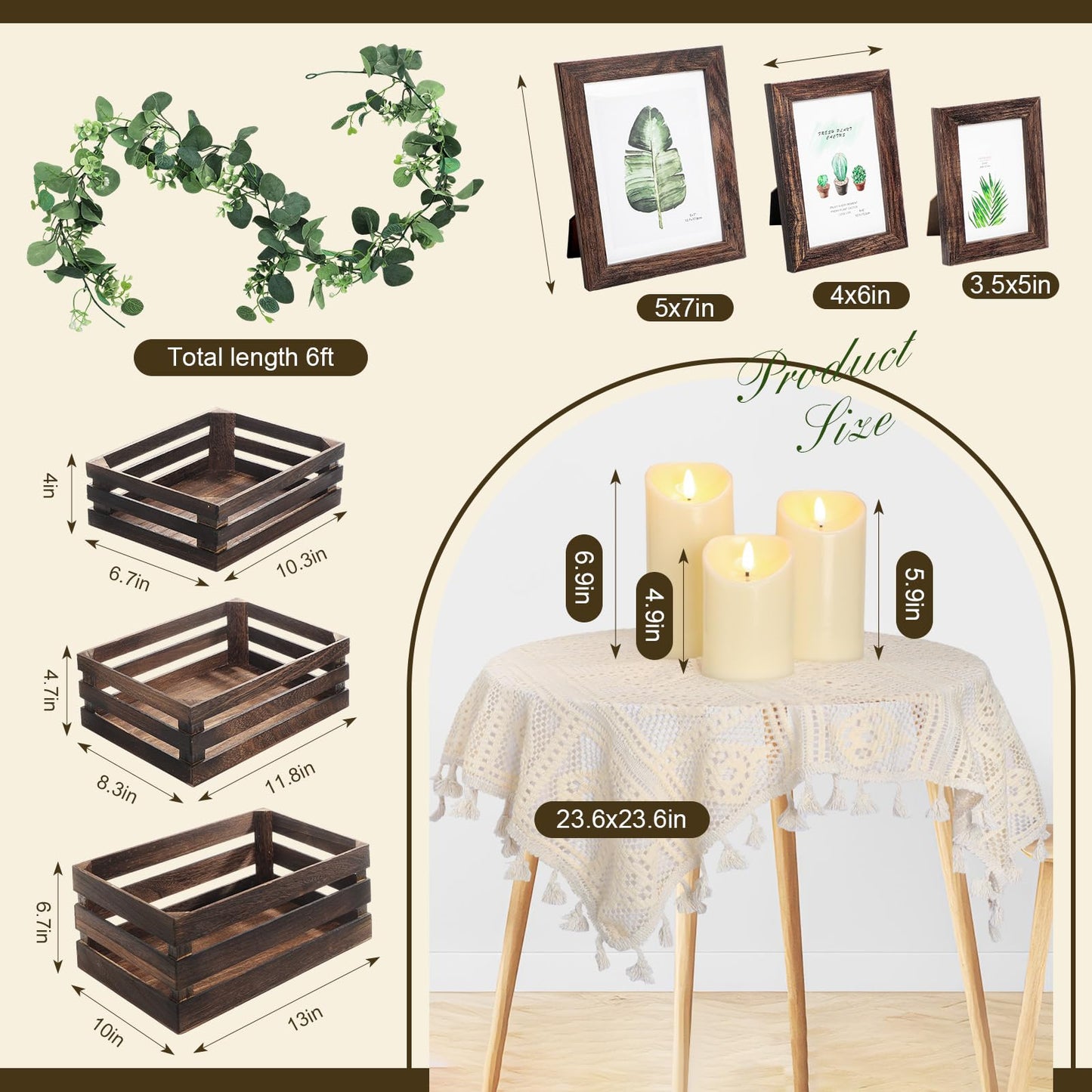 Yuntau 11 Pcs Rustic Nesting Wedding Decoration Farmhouse Wood Crates for Display Decorative Storage Baskets with Candles for Bridal Shower Birthday Party Centerpiece(Brown)