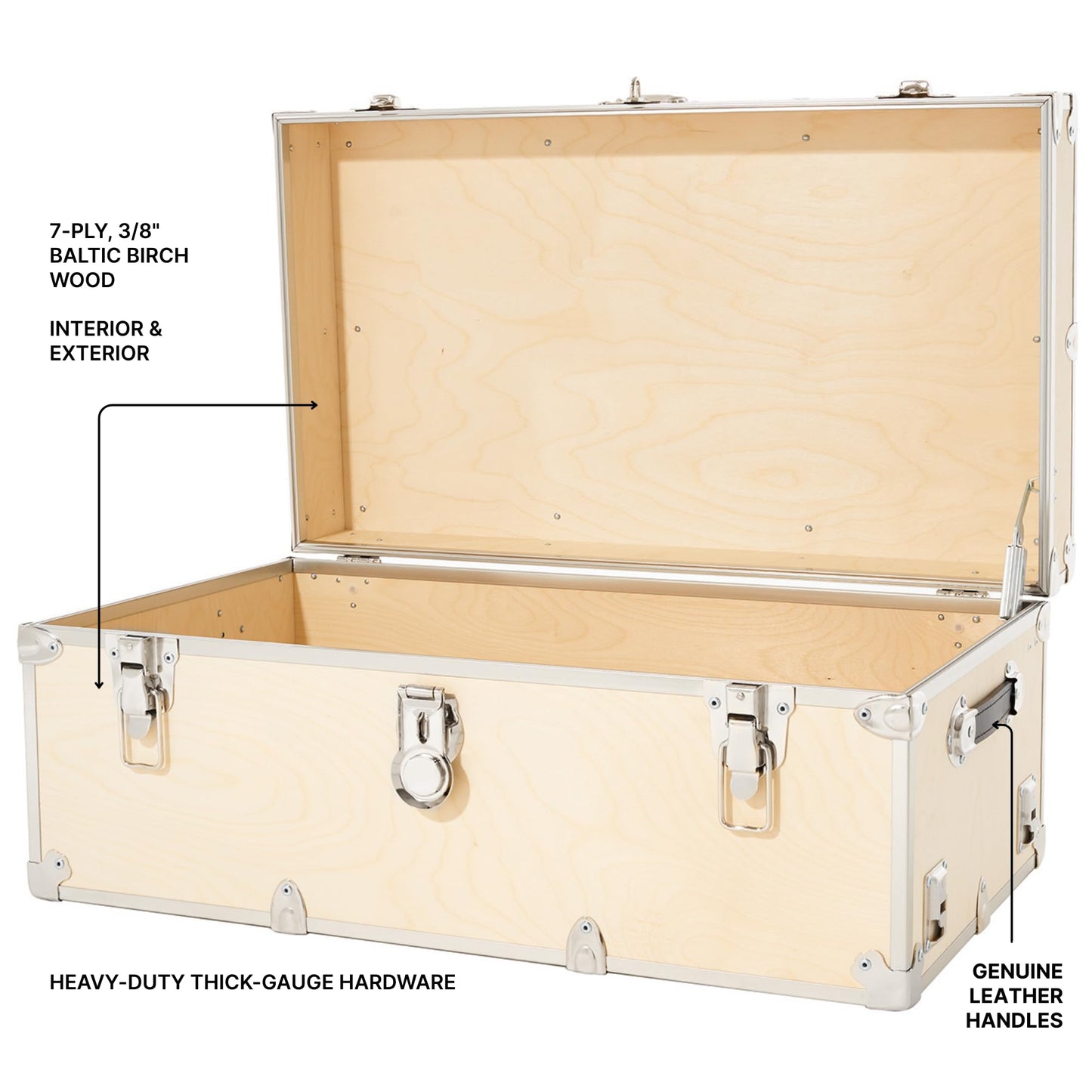 Rhino Trunk & Case Naked XL Trunk with Wheels - 34"x20"x15", 1500+ lbs Capacity, Soft-Close Lid. Strong, USA Made Summer Camp Footlocker, Secure College Dorm Chest, Natural Wood Home Storage Box