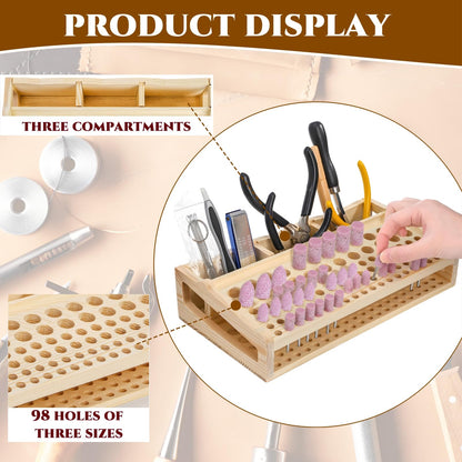 Acshio Leather Craft Tool Holder, 98 Holes Wooden Desktop Leather Working Tools Organizer with 3 Slots, Professional Large Making Punch Tools Rack Stand Storage Box for Brushes, Craft Tools