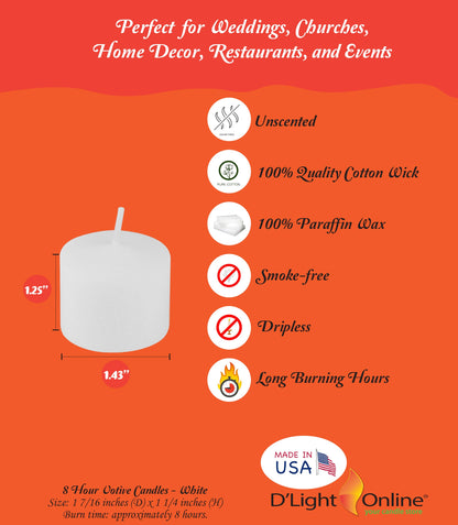 D'light Online Unscented Votive Candles - Bulk Small Candles for Synagogues, Churches, Baby Shower, Home Decoration, Restaurants and Weddings (White, 8 Hour - Set of 288)