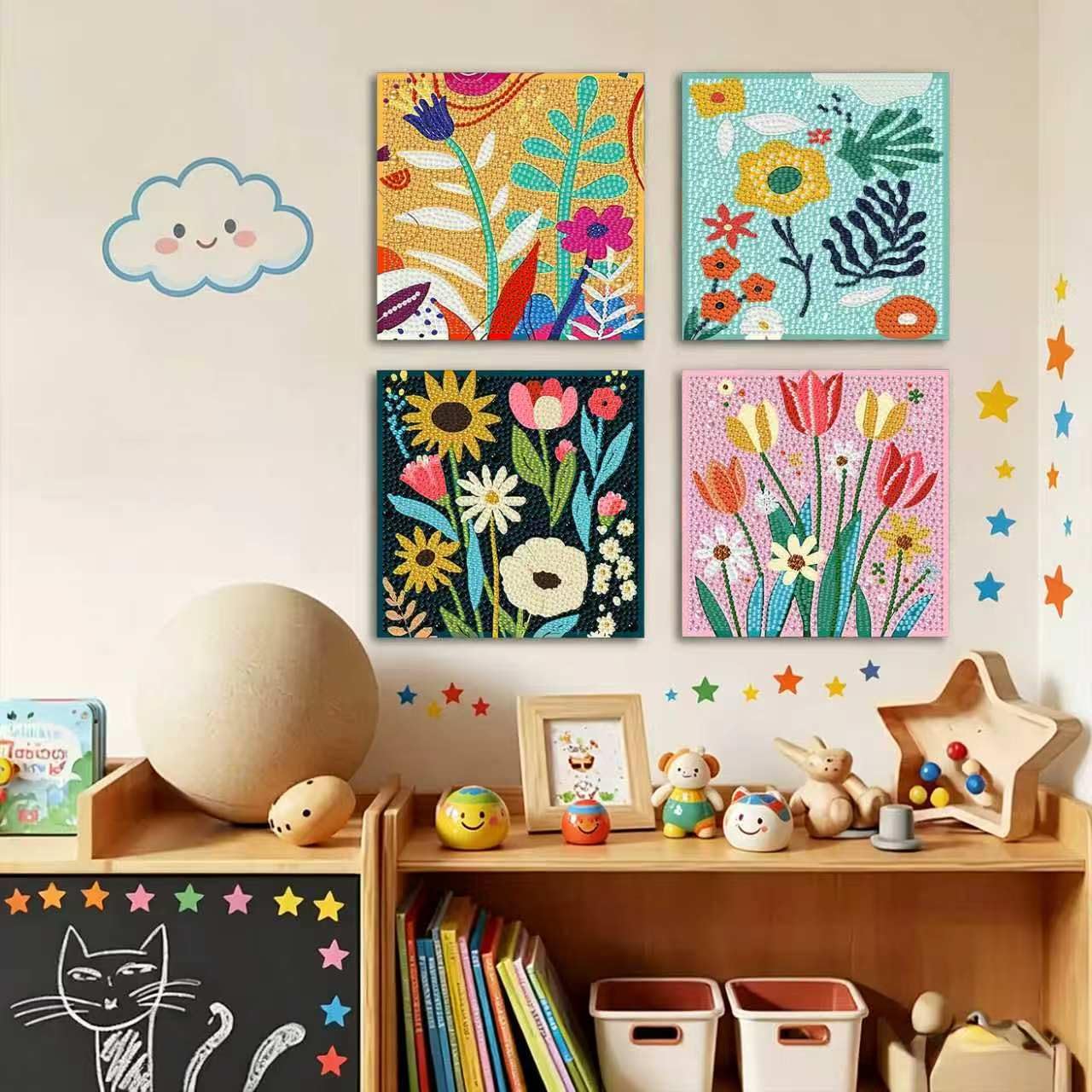 WEMEON 4 Pack Diamond Art Kits for Kids, Flower Diamond Art Painting for Kids Ages 4-8-12, Package and Home Wall Decor(6x6inch)