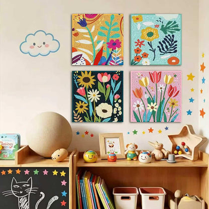 WEMEON 4 Pack Diamond Art Kits for Kids, Flower Diamond Art Painting for Kids Ages 4-8-12, Package and Home Wall Decor(6x6inch)