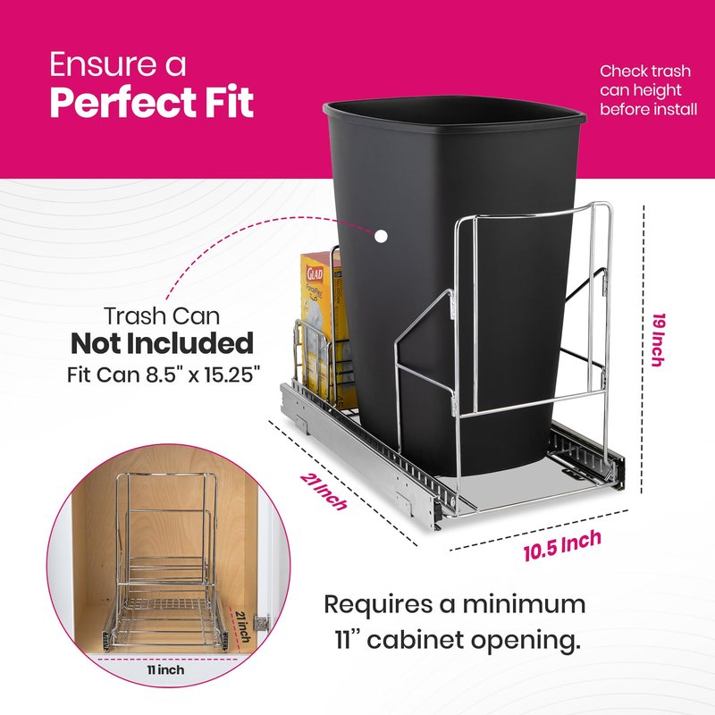HOLDN’ STORAGE Pull Out Trash Can Under Cabinet - Trash Can Not Included - Dedicated Space for Disposable Trash Bags, Requires a 11” Cabinet Opening, Adjustable, Heavy Duty, Anti Rust Chrome Finish