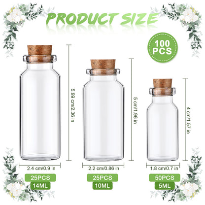 Dandat 100 Pcs Mini Glass Jars Bottles with Cork Stoppers, 5ml, 10ml, 14ml DIY Decoration Small Clear Glass Jars for Halloween Arts Crafts Projects Wedding Party Favors