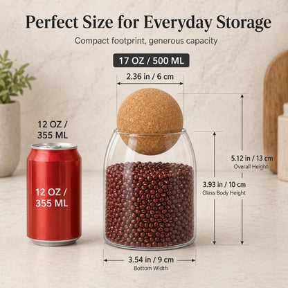 RHBLME 3 Pack Glass Storage Containers with Ball Cork, 17 Oz/500ML Glass Jar with Cork Lid, Round Cork Glass Bottle, Small Candy Jar with Wood Ball Lid for Food, Coffee, Sugar, Spice, Tea, etc
