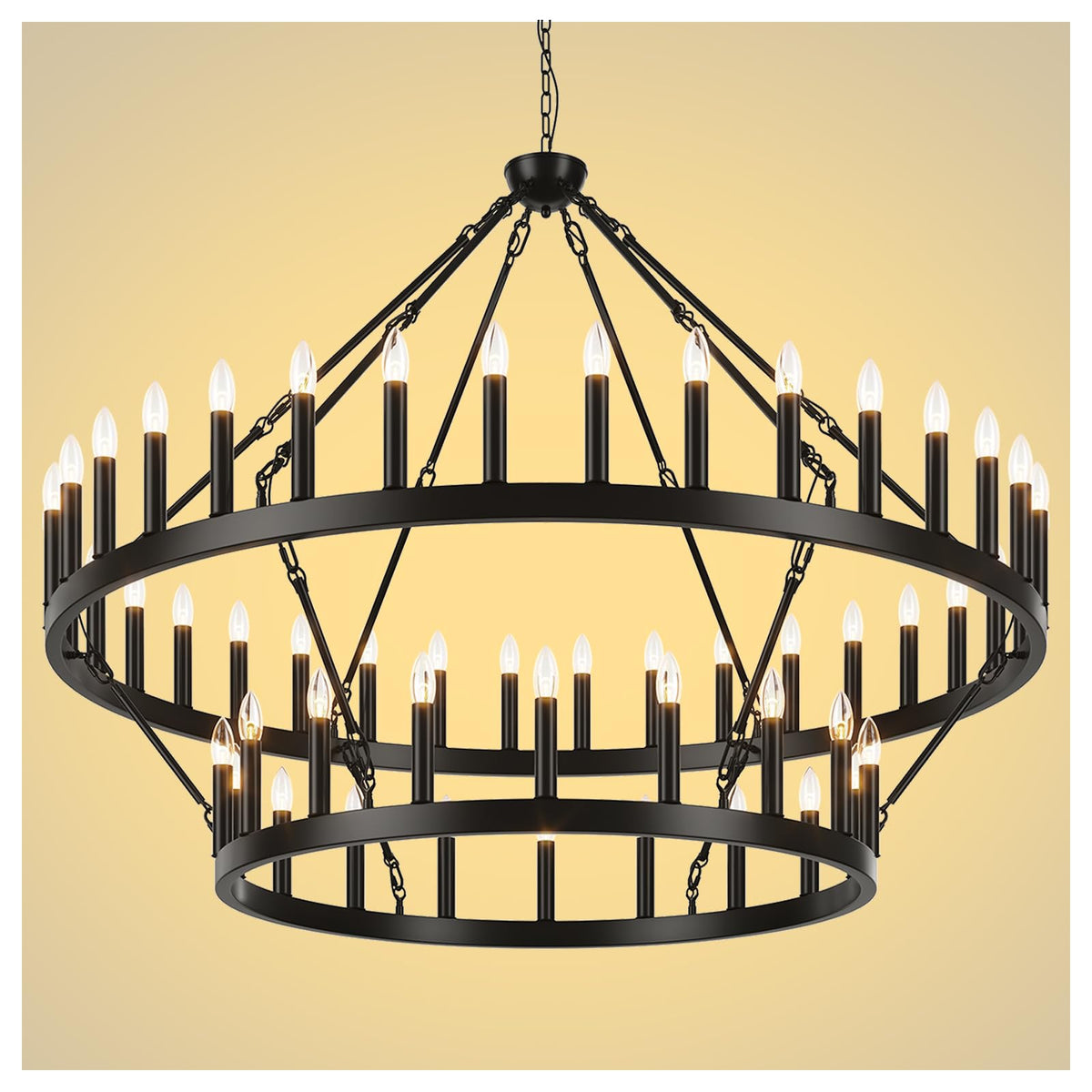 Yikrfiae 2 Tier Black Large Wagon Wheel Chandelier, 54-Lights 60 Inch Farmhouse Pendant Light Fixture, Round Rustic Hanging Lighting for Dining Room Kitchen Island Foyer Entryway