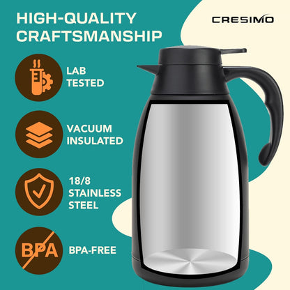 Thermal Coffee Carafe, 68 Oz - Black Stainless Steel, Durable & Easy to Pour, Keeps Drinks Hot for 12 Hours & Chilled