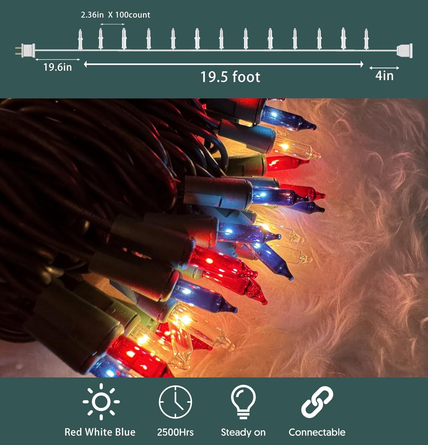 4th 100 Count (21feet) HISHINY Red White Blue of July Patriotic Decorations Lights Mini String Lights with Green Wire