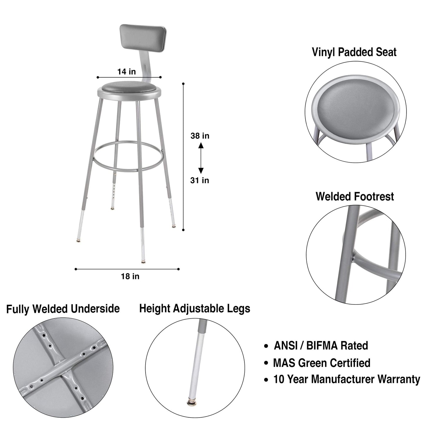 OEF Furnishings OEF6430HB/2 Premium Commercial-Grade All-Purpose Round Stool with Backrest (Height-Adjustable, 30–38 inch Range, Gray Frame, Vinyl Padded Seat, 2-Pack)
