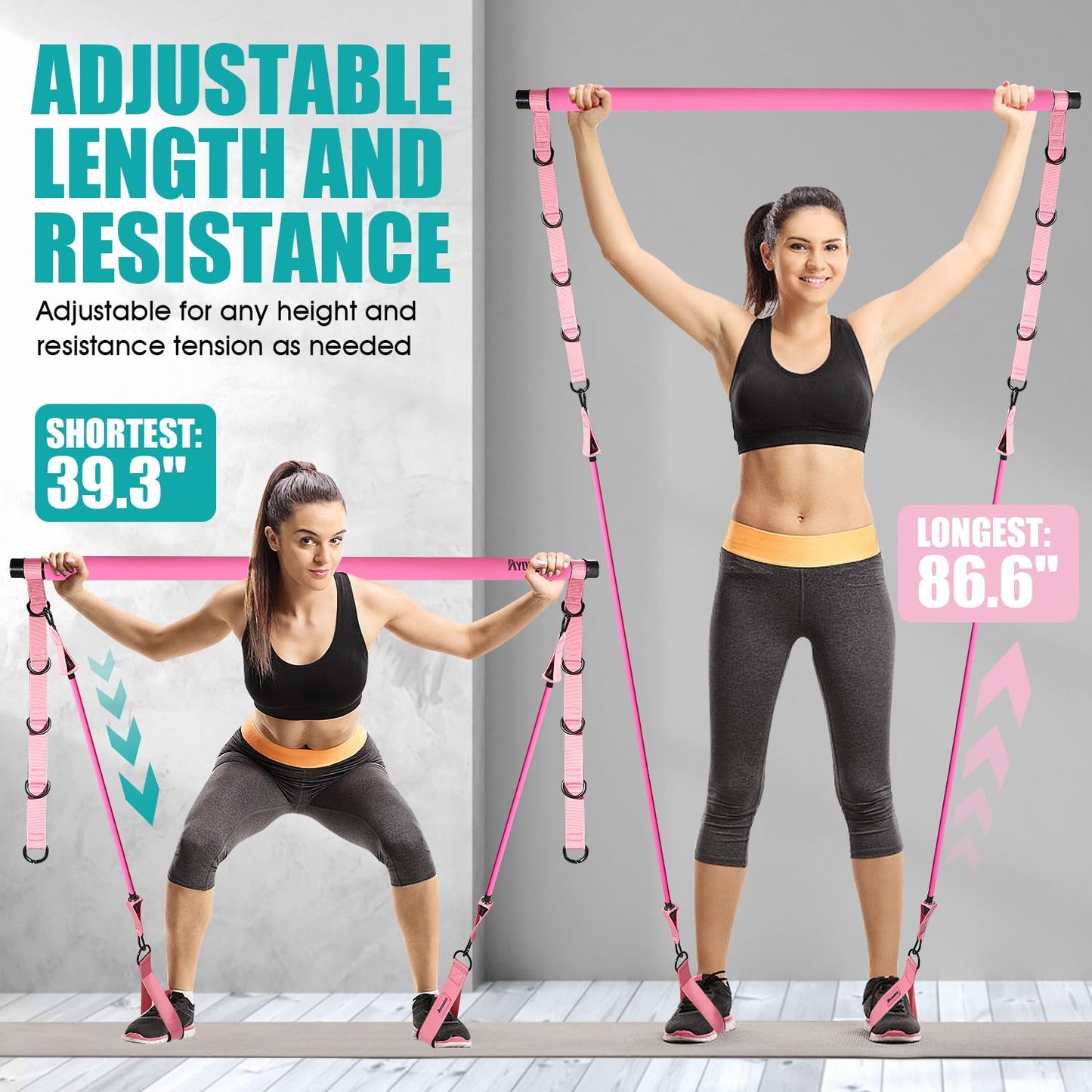 Ayombo Pilates Bar Kit with Resistance Bands, Pilates Workout Equipment for Legs, Hip, Waist, Arm, Squats Exercise Equipment for Home Workouts, Adjustable 3-Section Pilates Bar Kit for Women & Men