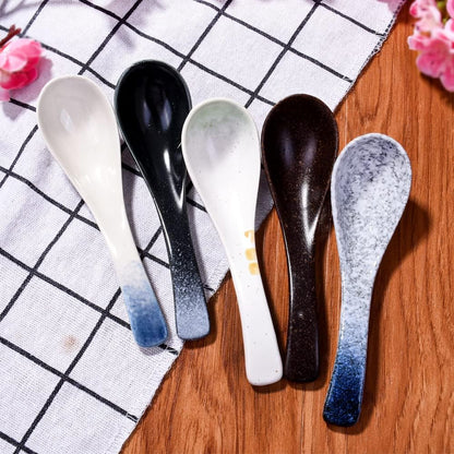 Japanese Soup Spoons Set of 5, Porcelain Ramen Spoons for Wonton, Dishwasher Safe