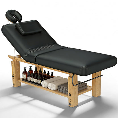 Heavy Duty Massage Table, Wooden Stationary Spa Bed with Adjustable Height & Backrest, PU Leather Professional Physical Therapy Facial Table with Face Pillow, Storage Shelf,1500 LBS Capacity