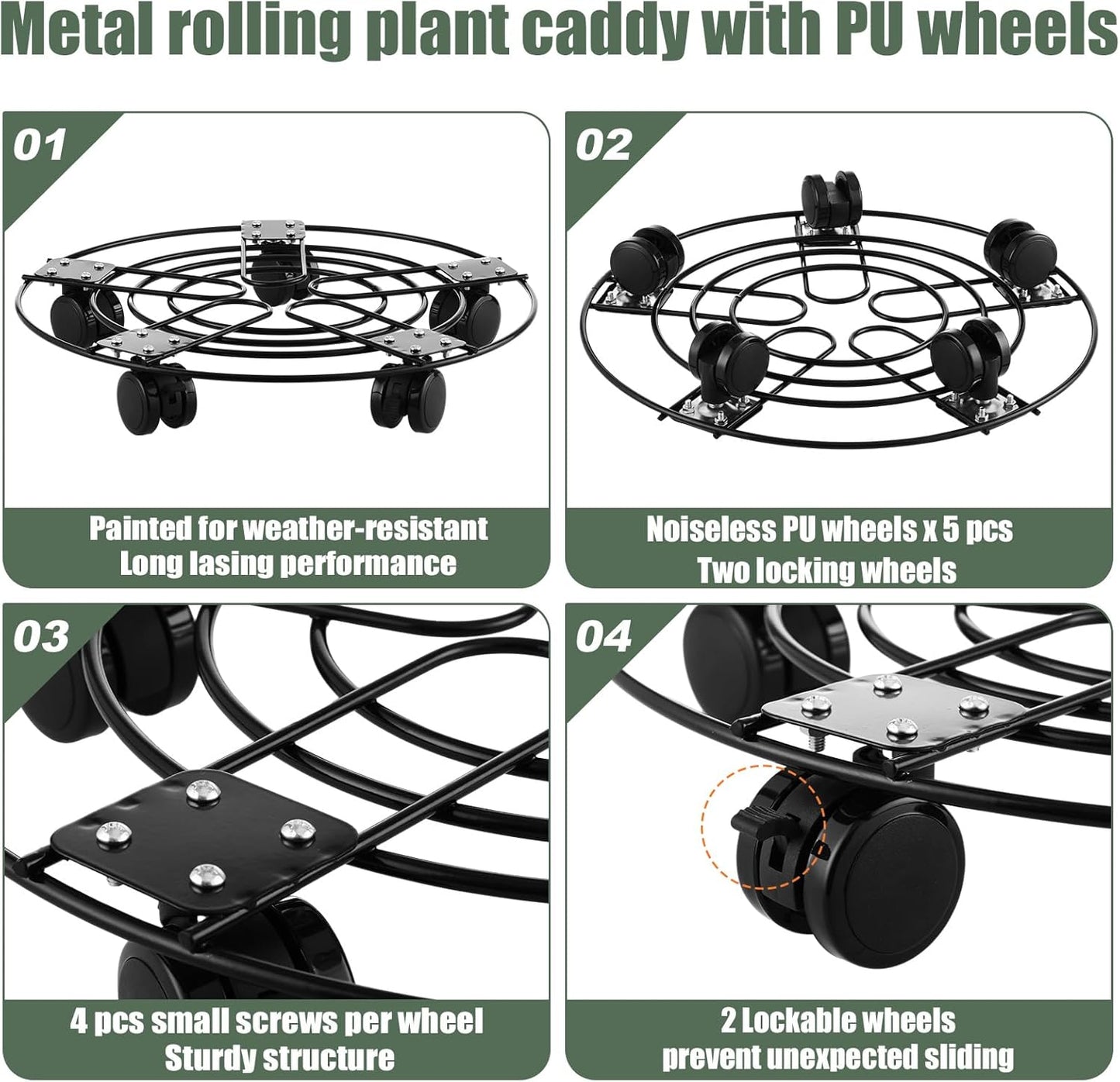3 Packs 13.5" 5 Metal Plant Caddy with Wheels Large Wrought Iron Metal Rolling Plant Stands Heavy-duty Plant Roller Pot