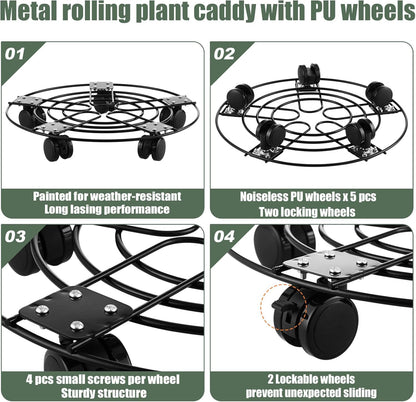 3 Packs 13.5" 5 Metal Plant Caddy with Wheels Large Wrought Iron Metal Rolling Plant Stands Heavy-duty Plant Roller Pot