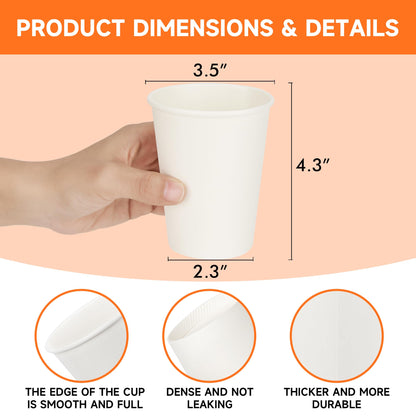 METAPRINT 12 oz Disposable Paper Coffee Cups [300 Pack], White Hot Coffee Cups 12 oz, Thickened Design for Cafes, Bistros, Parties, and Events