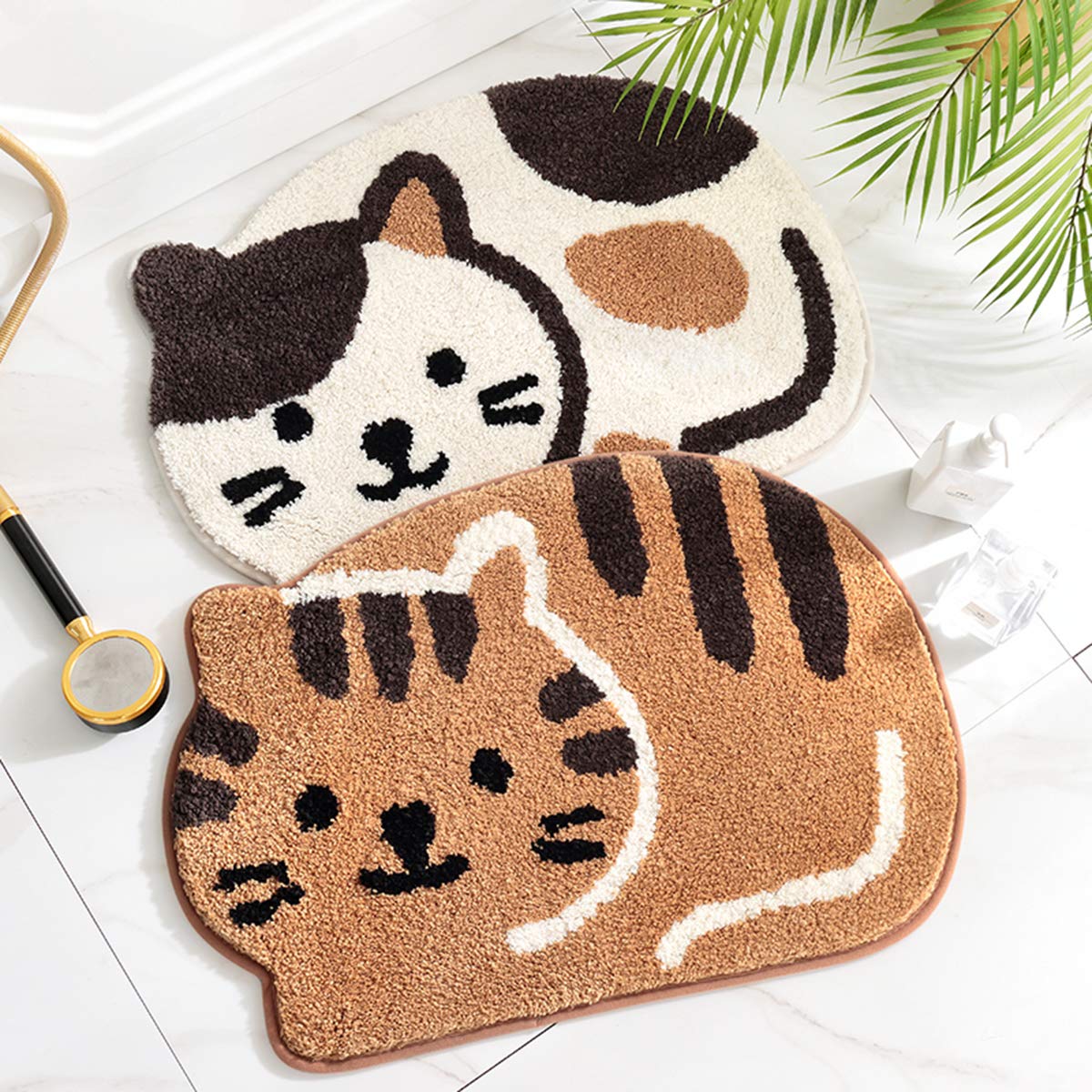 Ankah Shower, Tub, Bath Mat, Bathroom Rug, Non-Slip, Absorbent, Adorable Design Cat-Picture Door Soft Mat Dry Carpet, 18" x 26", Beige