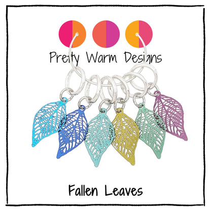 Fallen Leaves Knitting Stitch Markers with Storage Tin | Lightweight Filigree Autumn Charms | Snag-Free Closed Rings | Handmade Gift for Knitters