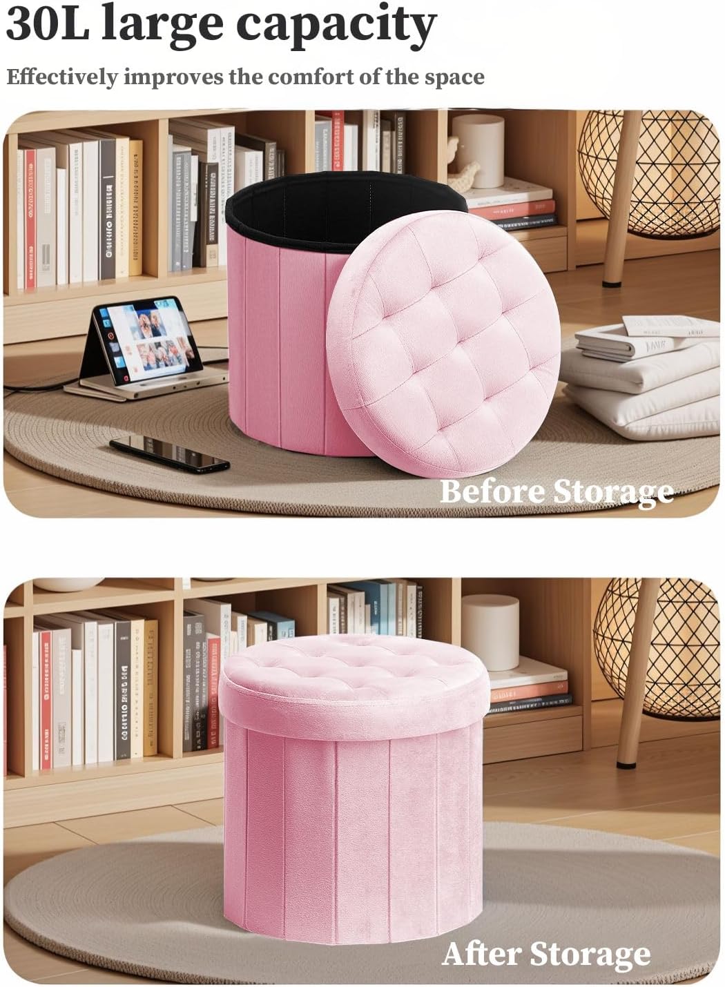 14" 14" 13"Inch Bsketa Folding Storage Ottoman Round x x Foot Stool with Thicker Foam Padded Seat Small Velvet Storage