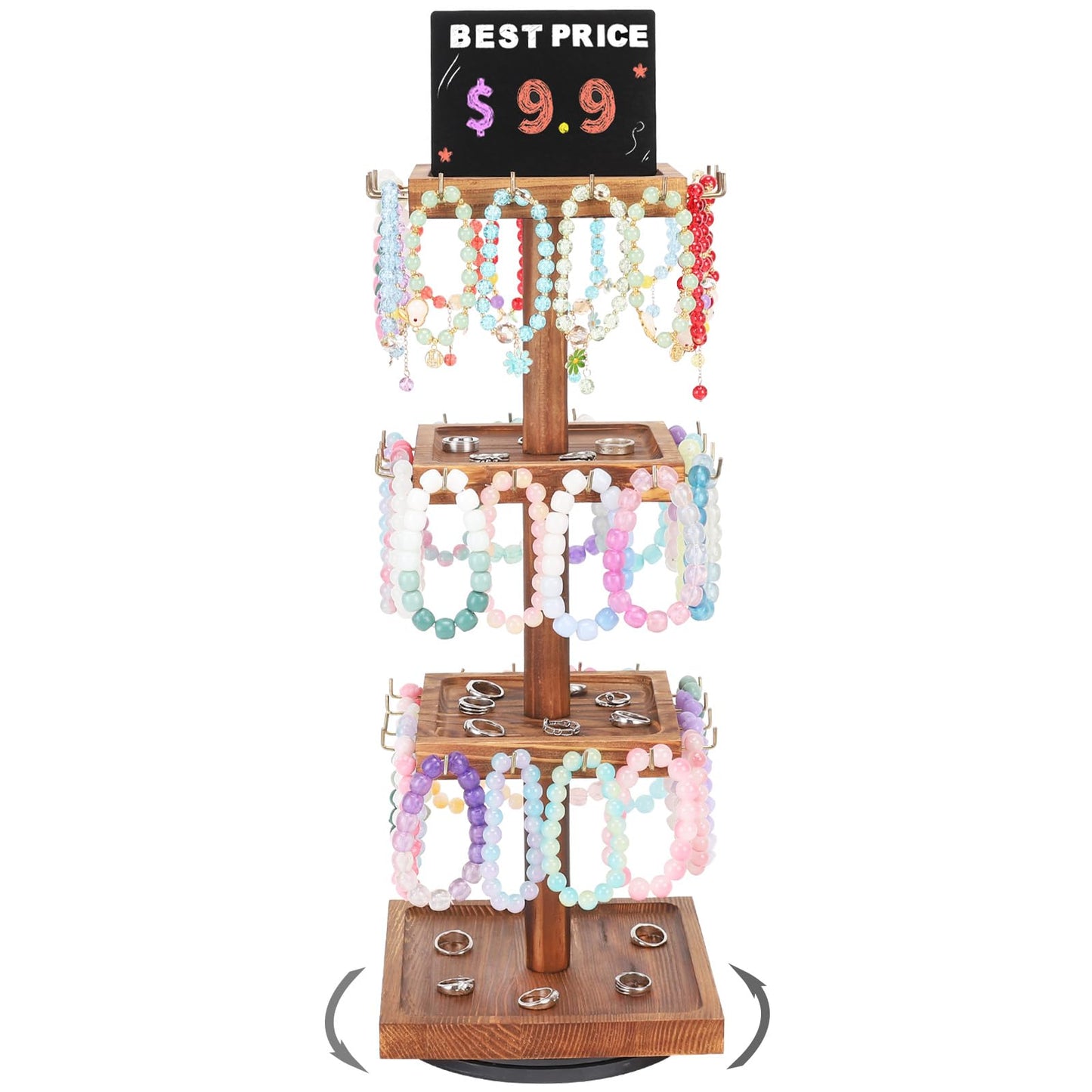 BDBDYEAY Bracelet Holder, 360° Rotating Jewelry Holder Organzier with Tray, Wooden Jewelry Tower with 48 Hooks, 4-Tier Large Capacity Jewelry Display Stand for Vendors Sell Bracelet Keychain Earring