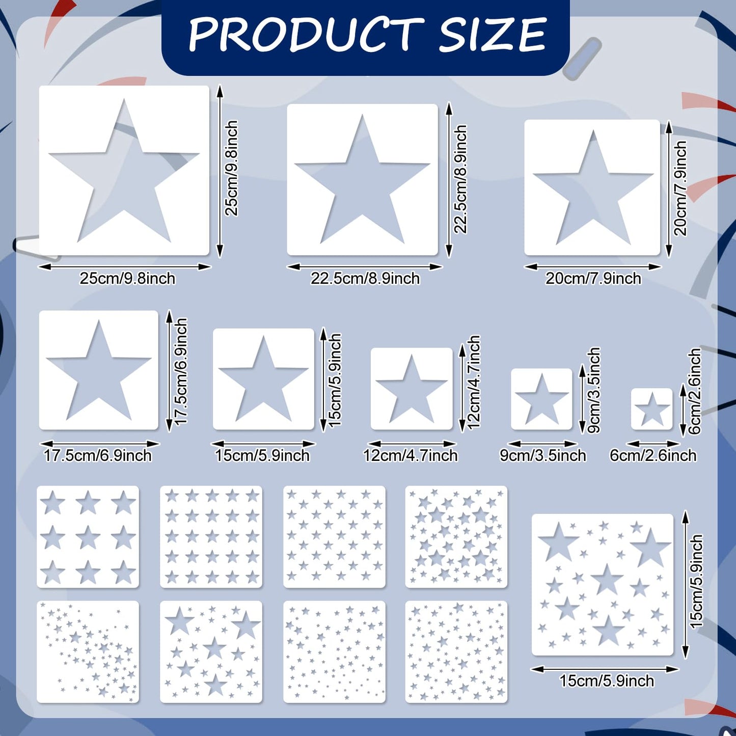 JarThenaAMCS 16Pcs Star Shape Stencils Patriotic Star Templates Stencils Reusable Plastic Drawing Painting Template for 250th Anniversary 4th of July Independence Day DIY Art Craft Painting on Wood