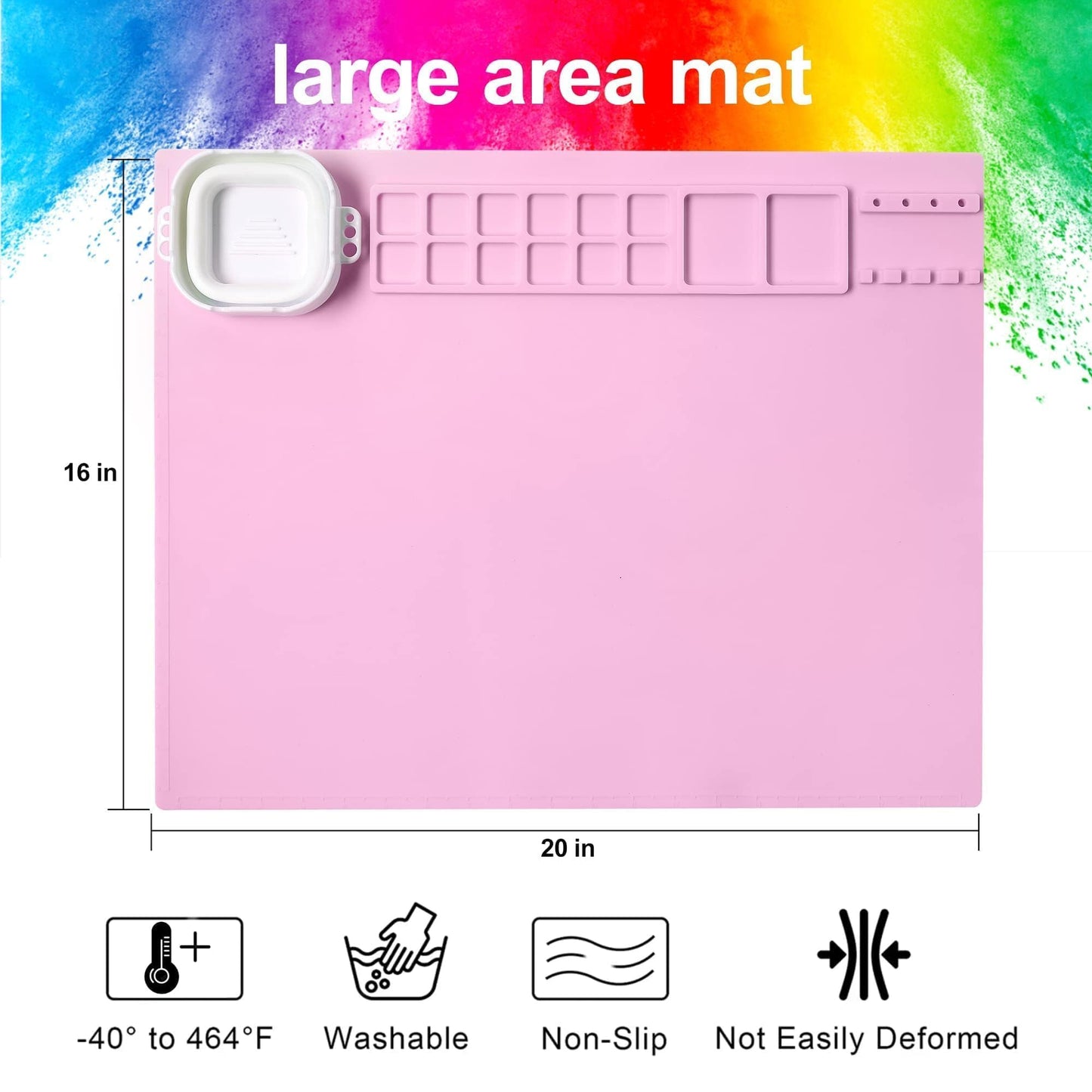AWOKE Silicone Painting Mat | 20"x16" No-Spill Art Matt for Resin DIY, Beading, with Magnetic Water Cup, 12 Paint Wells & Palettes | Washable Table Protector for Toddlers & Kids Gift (Pink)