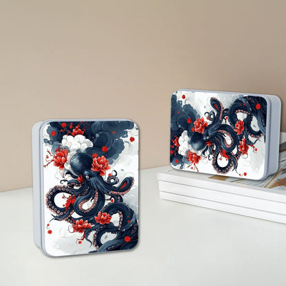 VACGBJPG Metal Tin Box with Lid,Multi-functional Storage Large Box Can Store Tea Biscuits Game Cards, Playing & Tarot Cards-Comes with 4 Magnetic Cord Clips,Octopus and Red Flower