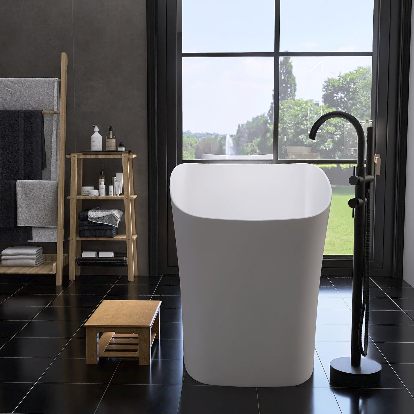 MEDUNJESS 51'' Japanese Soaking Tub Freestanding Bathtub Resin Stone Bathtubs Deep soaking Tub with Overflow and Pop-up Drain - White