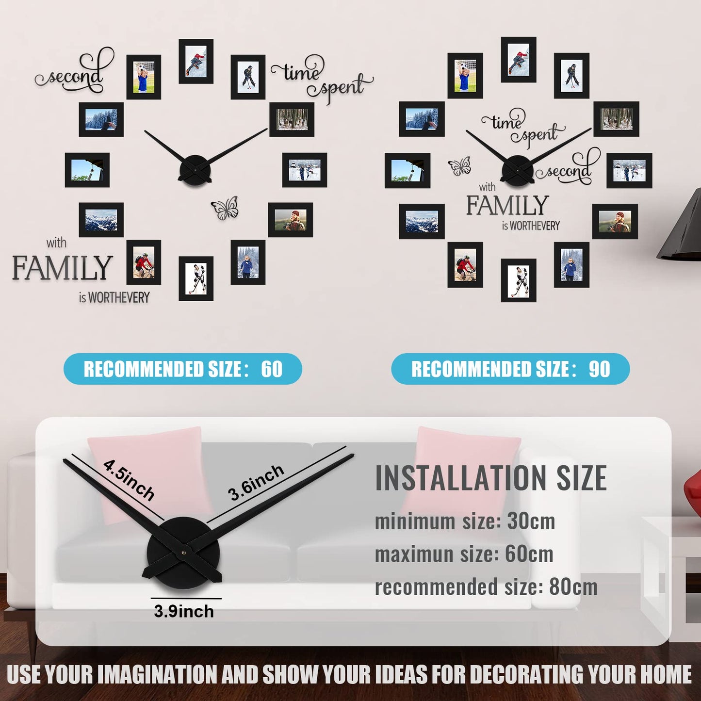 Sratte 3D Large Family Photo Clock Frame Wall Decor, 5 x 3.5 Inch Family Tree Decor, Paper Photo Frame DIY Clock Quote Wall Stickers Kit for Home Office Living Room Bedroom Mother's Day(Black)