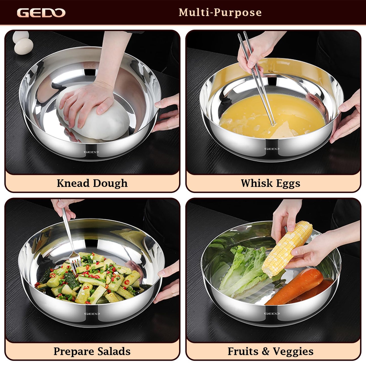 GEDO Triple-Layer 304 Stainless Steel Mixing Bowl, All Stovetop Compatible Deep Large Capacity Bowl with Non-Stick Mirror Polished Interior for Kneading Dough, Baking, Cooking (11in / 28cm)