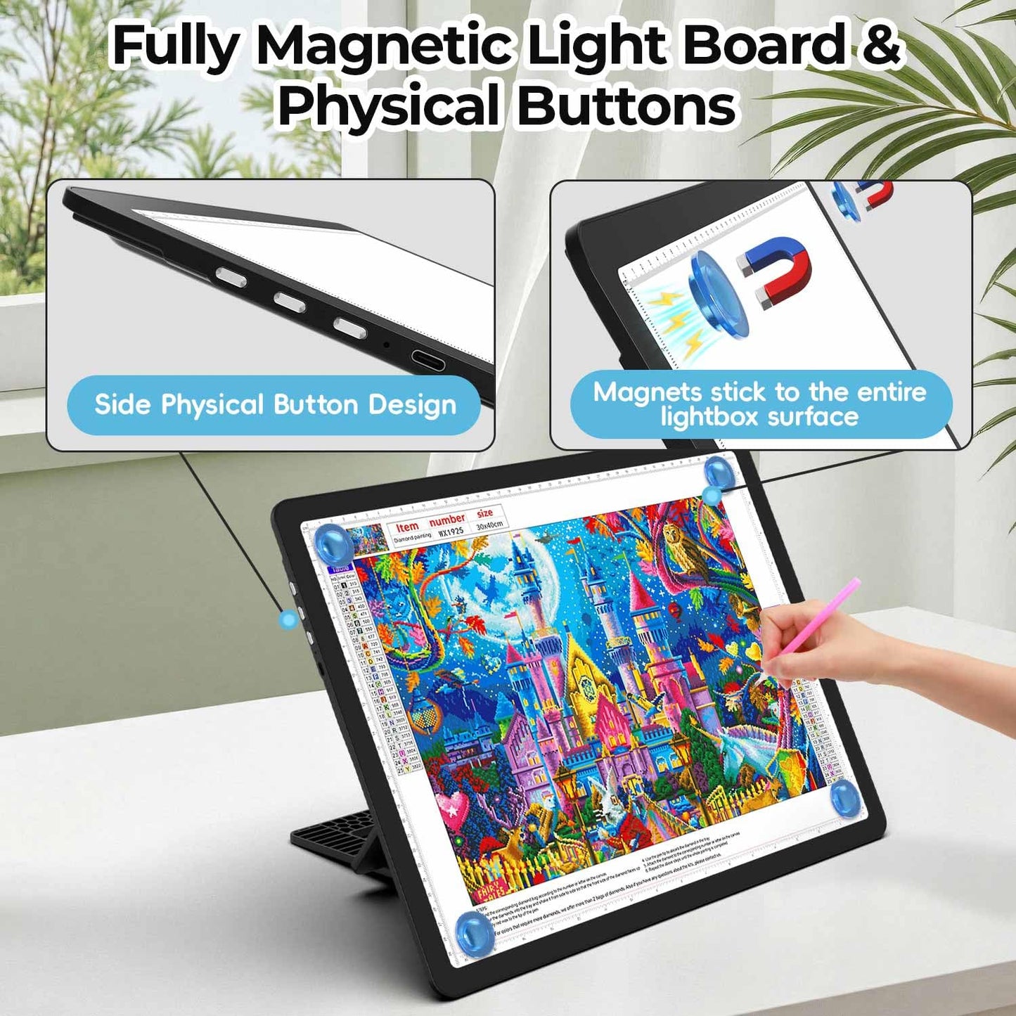 Heanolier Rechargeable A3 Light Board with Stand for Diamond Painting,5100 Lux Magnetic Light Pad with Side Buttons,5000mAH battery,Wireless Light Box for Tracing,LED Light Table for Sketching,Drawing