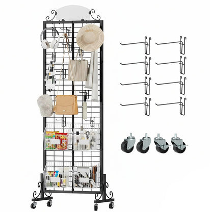 Urban Deco Grid Wall Panel Display Stand, 2.2' x 6.2' FT Gridwall Panel with Extra 8 Hooks, Craft Show Display Rack Black Metal Grids Standing Wire Rack for Retail Merchandise
