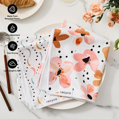 RECYCO Waffle Kitchen Towel Set of 2 - Quick Dry Microfiber Sustainable Dish Towels - Ultra Absorbent Reusable Cleaning Tea Towels - Lightweight Hand Towels,16”x 28”, Blossom Breeze