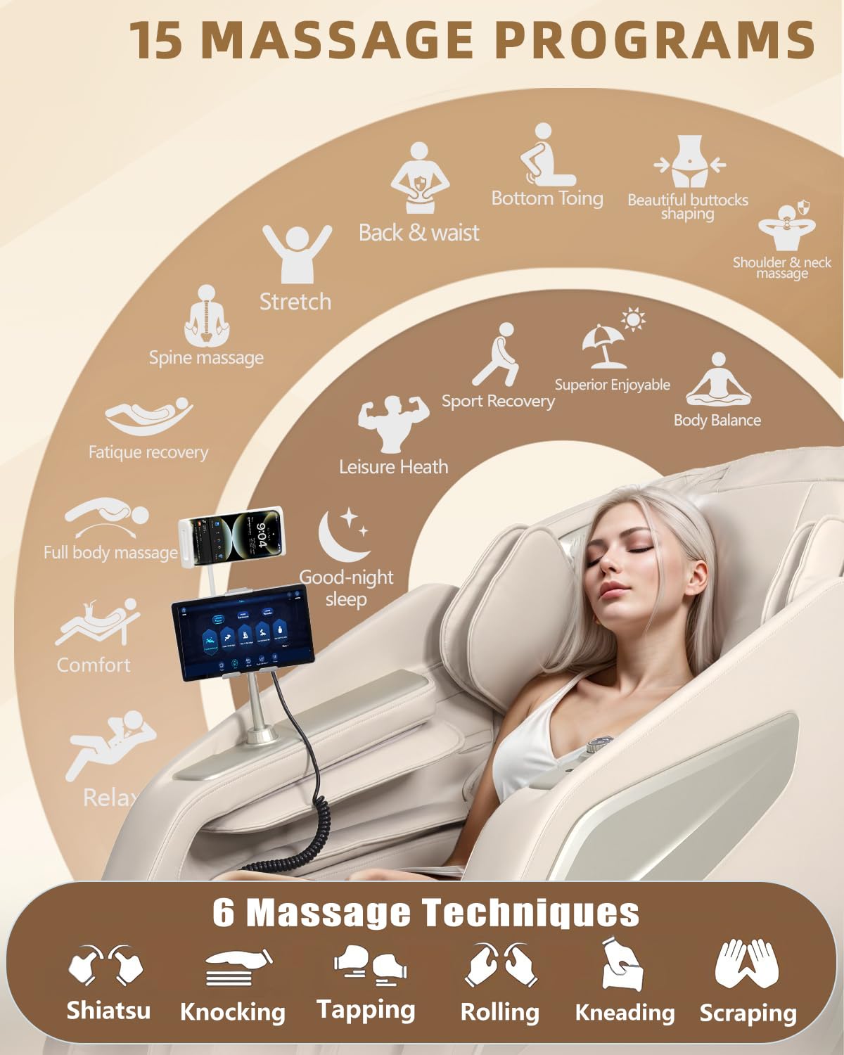 RelaxRelife Full Body Zero Gravity Massage Chair with Body Scan 4D Intelligent Shiatsu Strecth Massage, Back/Leg Heated with AI Voice Control Bluetooth Speaker Airbags SL Track Massage Beige