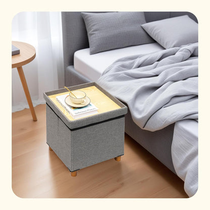 15" 15" 15"Grey PINPLUS Storage Ottoman Cube, White Linen Footrest with Wooden Legs, Foldable Fabric Footrest