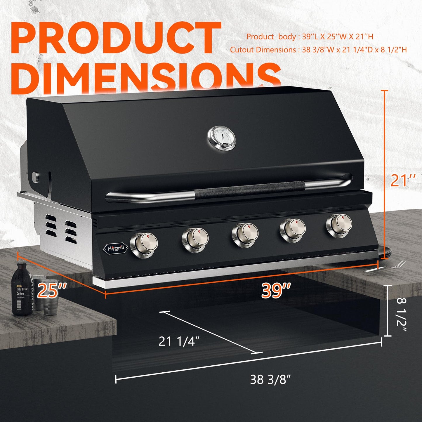 Hygrill STD Series 40-Inch Built In Grill for Liquid Propane, Stainless Steel Outdoor Kitchen 5-Burner Grill Head, Black