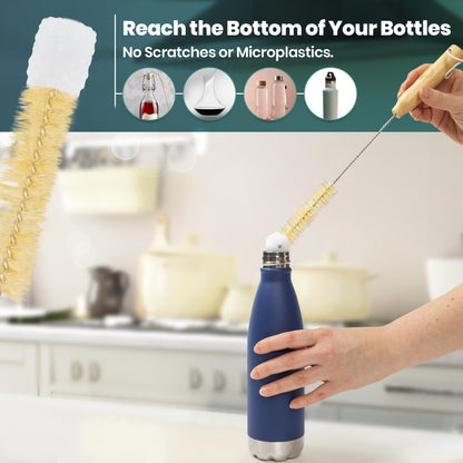 Bottle Brush Set - Ergonomic & Plastic Free Bamboo Bottle Brush, All in One Bottle And Straw Brush Cleaning Set, Sturdy Eco Friendly Water Bottle Cleaner Brush Set, Great Baby Bottle Cleaner Brush Set