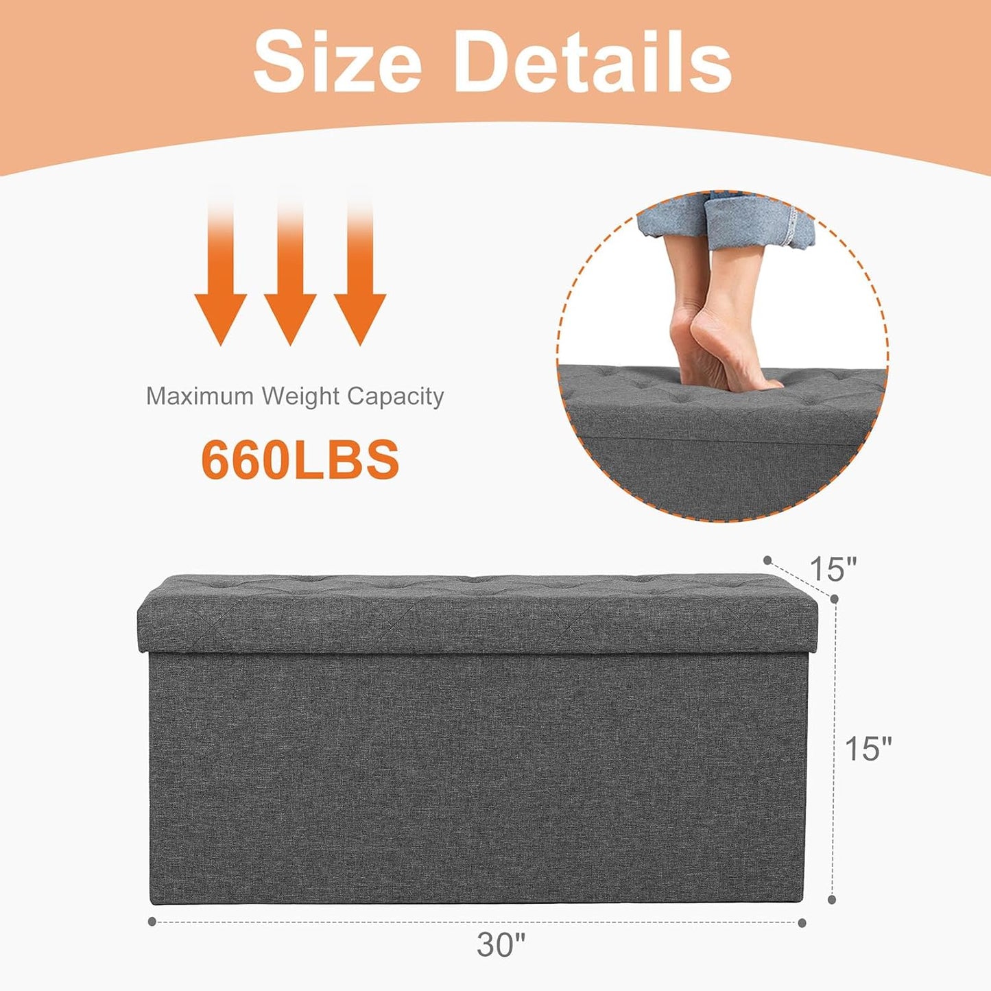 43in 660lbs, DUMOS Storage Ottoman Bench, Storage Chest, End of Bed Foot Rest Stool with Padded Seat, Bedroom Bench