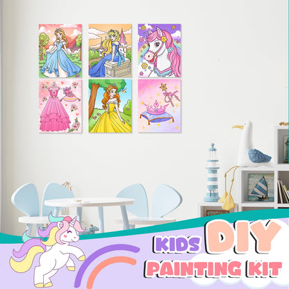 Ireer 12 Set Paint Party Set 8 x 10 Sip and Paint Kit Include 12 Printed Pre Drawn Canvas Panel, Wooden Easels, Palettes, Pots, Apron 36 Brushes for Adult Art DIY Party(Princess)