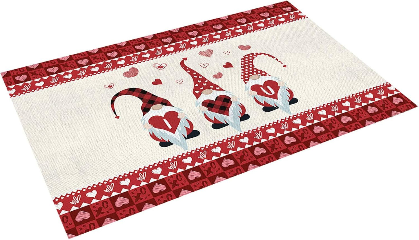 Stylish Placemats for Dining Table Decor, Cute Gnome I Love U Valentine's Day Non-Slip Table Mat, Set of 4