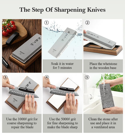 HEZHEN Extra Large Double-sided White Corundum Whetstone Knife Sharpening Stone Grit 1000/5000 Waterstone- 7.9x3.1x1.2 inch Knife Sharpener- Non-slip Acacia Wood Base & Flattening stone & Angle Guide