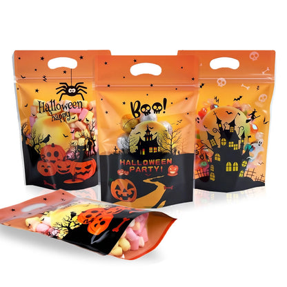 Halloween Ziplock Treat Bags 50 Pcs Goodie Plastic Bags with Zipper & Handles，Resealable Candy Bag for Trick or Treat, Party Favors, Classroom Halloween Supplies