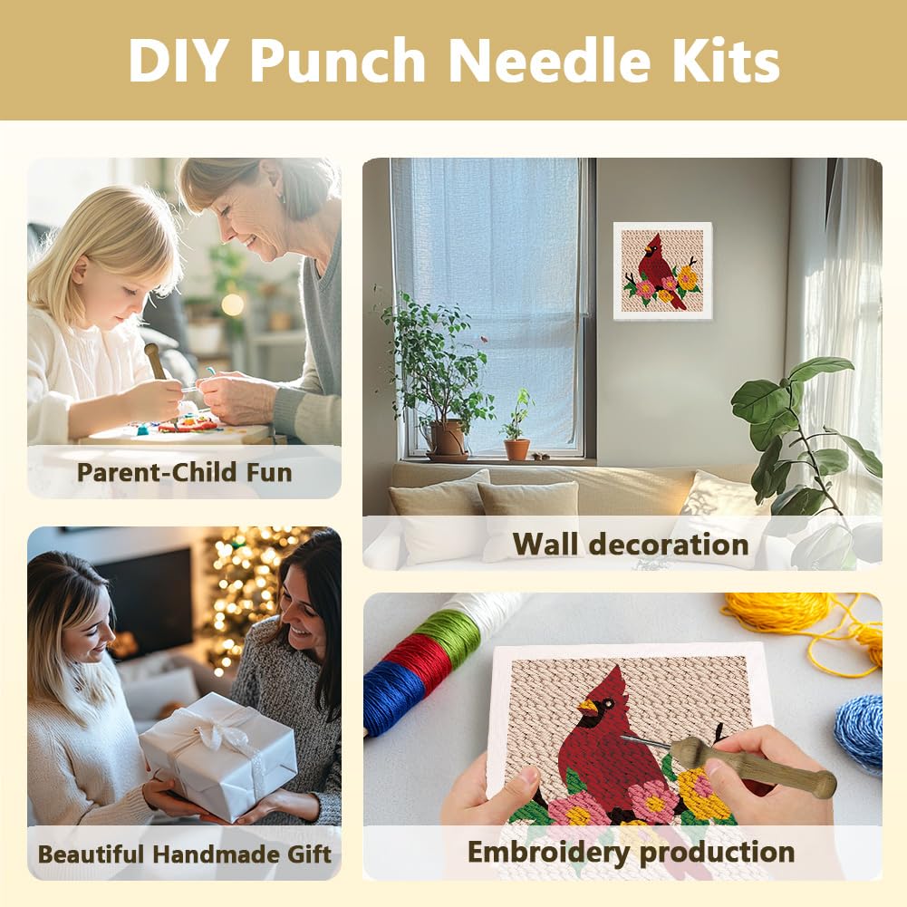 DOODLREAM Cardinal Bird DIY Punch Needle Embroidery Kit for Adult Beginner, 9.4" Bird on The Branch Punch Stitching Craft Set for Starter with Frame, Fabric Pattern, Threader, Yarn, Pinch Needle