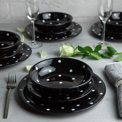 Handmade Black and White Polka Dot Ceramic 12 piece Dinnerware Set | Pottery Tableware Service for 4 | Dinner Plates | Side Plates | Bowls | Housewarming Gift by City to Cottage®