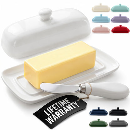 Zulay Kitchen Ceramic Butter Dish with Lid For Countertop & Stainless Steel Knife – Keeps Butter Soft & Fresh – White Butter Dish with Easy-Grip Knob, Durable & Everyday Butter Holder for Home - White